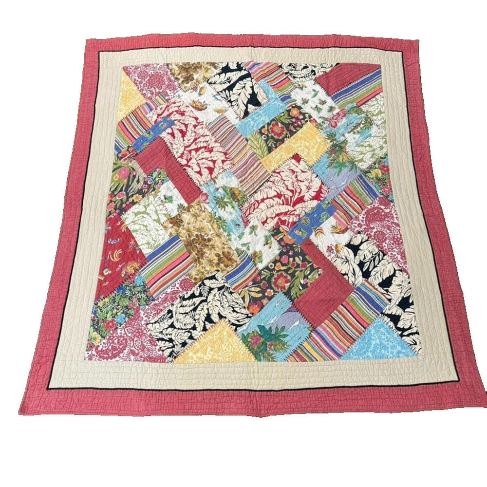 Pottery Barn Patchwork Quilt Blanket 82x79 Red Plaid Back Cottage Farmhouse